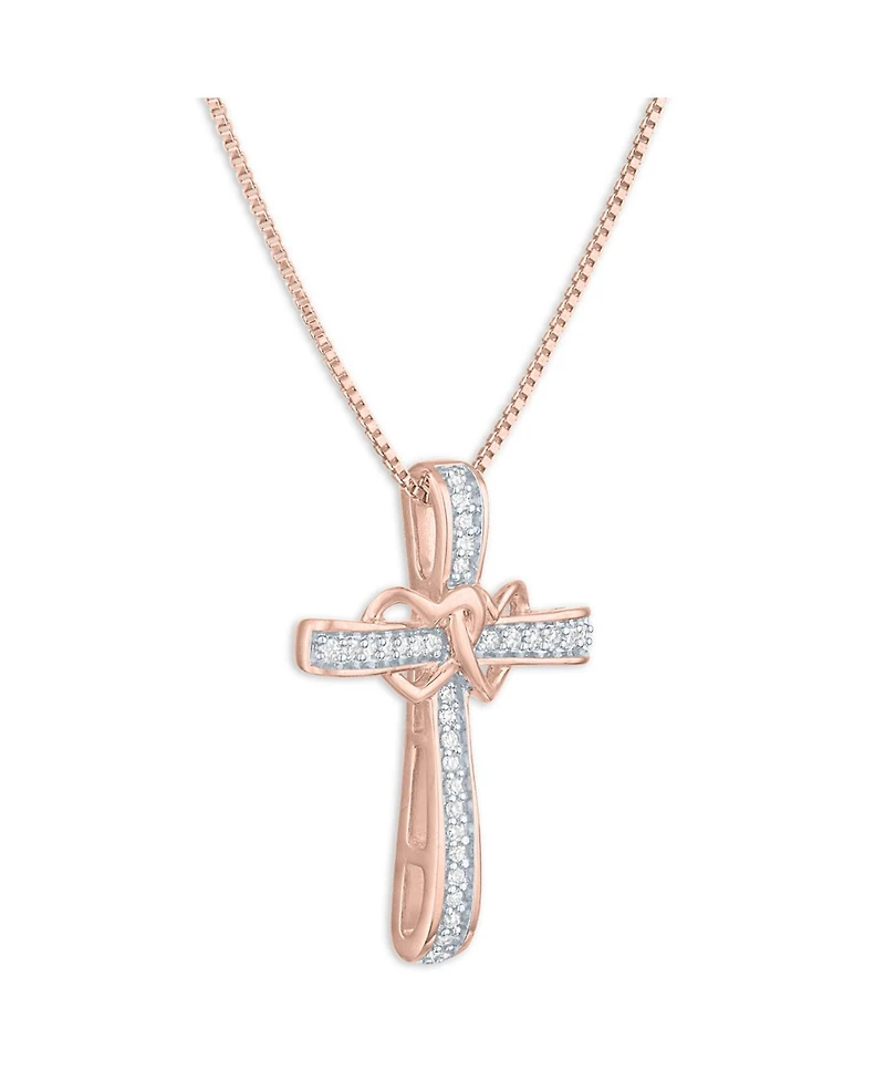 Diamond Heart and Cross 18" Pendant Necklace (1/10 ct. t.w.) in 14k Rose Gold-Plated Sterling Silver