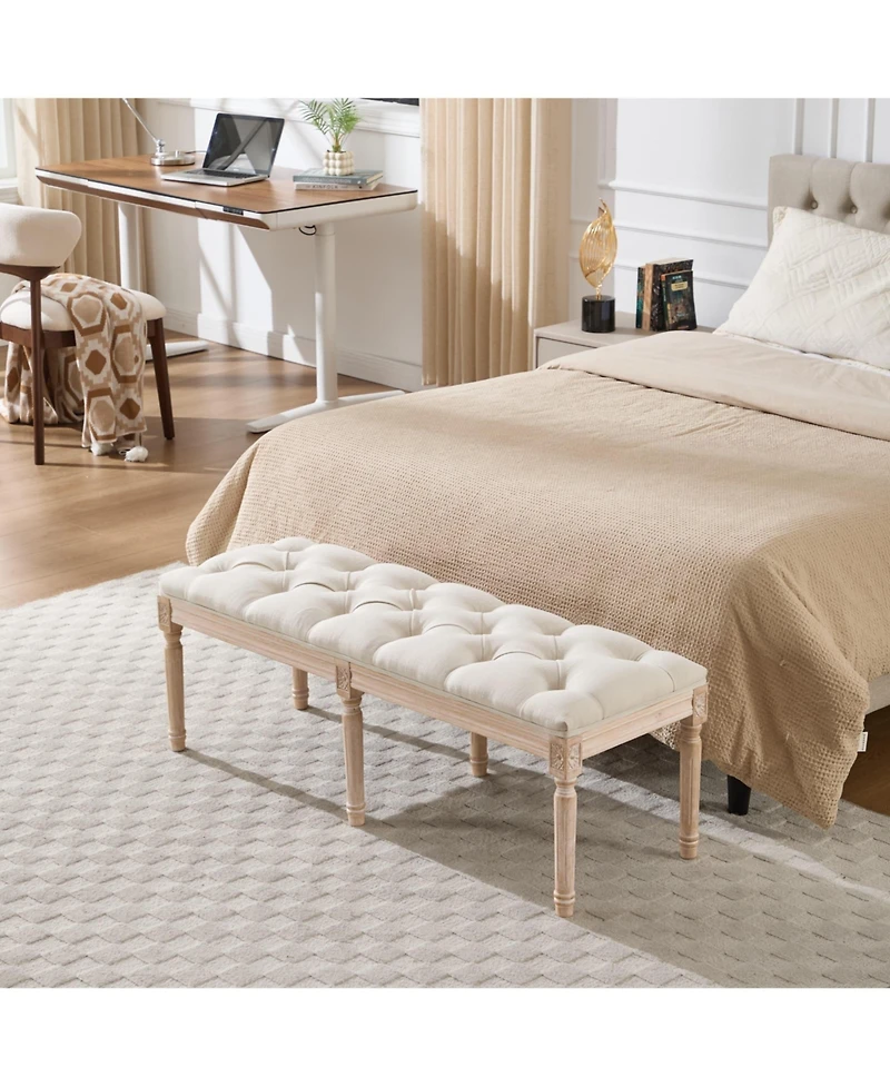 Maison Boucle French Country Tufted Bedroom Bench, 47.2" Cream Linen Upholstered End of Bed Bench, Solid Wood Carved Legs, Entryway Shoe Bench Seat