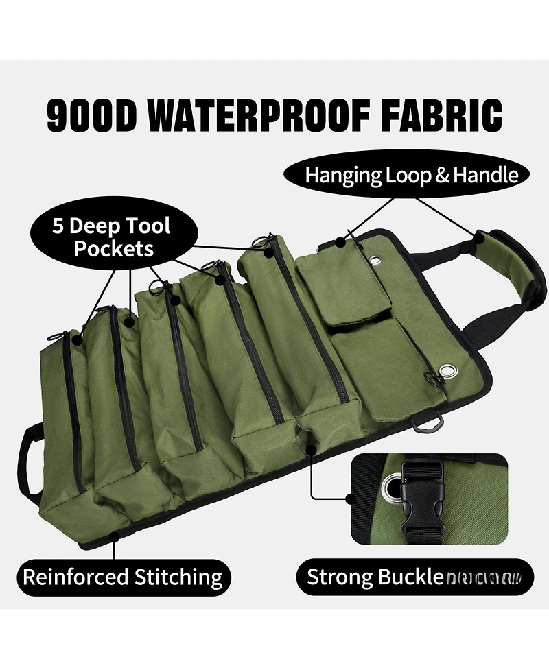 Xdovet Roll Up Tool Bag Organizer 5 Compartments Detachable Pouches Waterproof Electrician Gifts Army Green