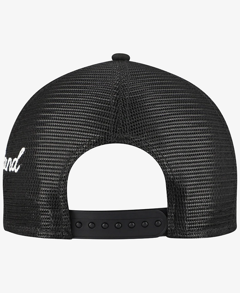 New Era Men's Black Cleveland Guardians Side Script 9FORTY A-Frame Trucker Adjustable Hat