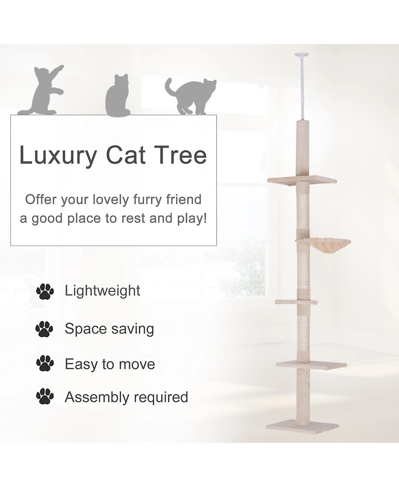 Ruie 102 Inch Adjustable Floor to Ceiling Cat Tree 5-Level Tower with Hammock