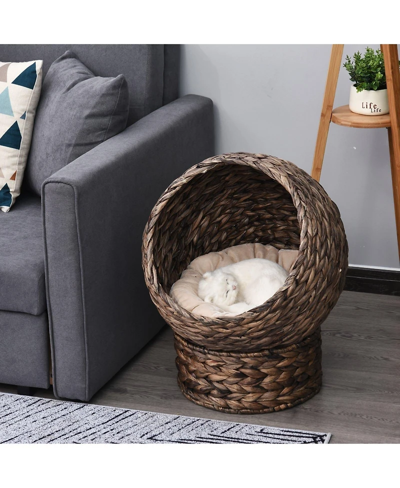 Ruie Hand-Woven Elevated Cat Bed Egg Chair with Rotating Basket and Cushion