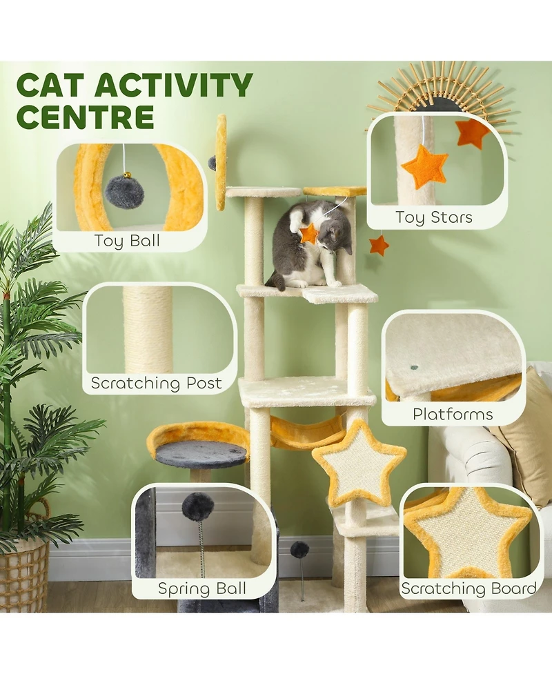 Ruie 63 Inch Moon and Star Cat Tree with Condo Hammock and Scratching Post