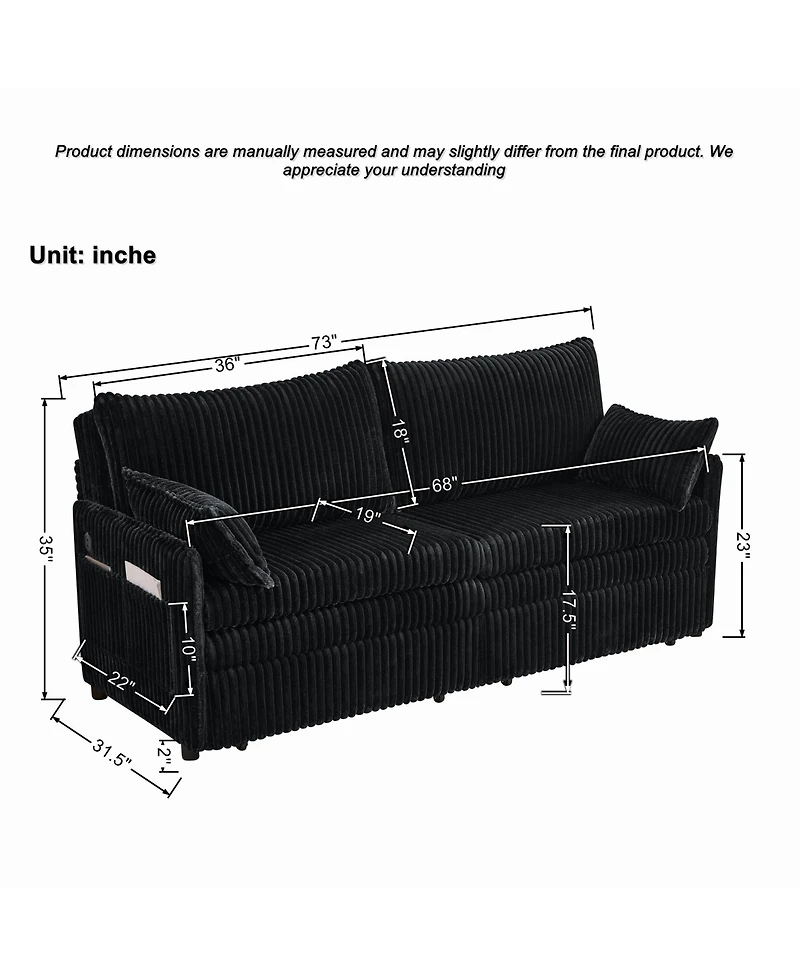 Clihome 73 Inch Convertible Sofa Bed 3-in-1 Pull Out Corduroy Couch with Usb Port Side Pocket