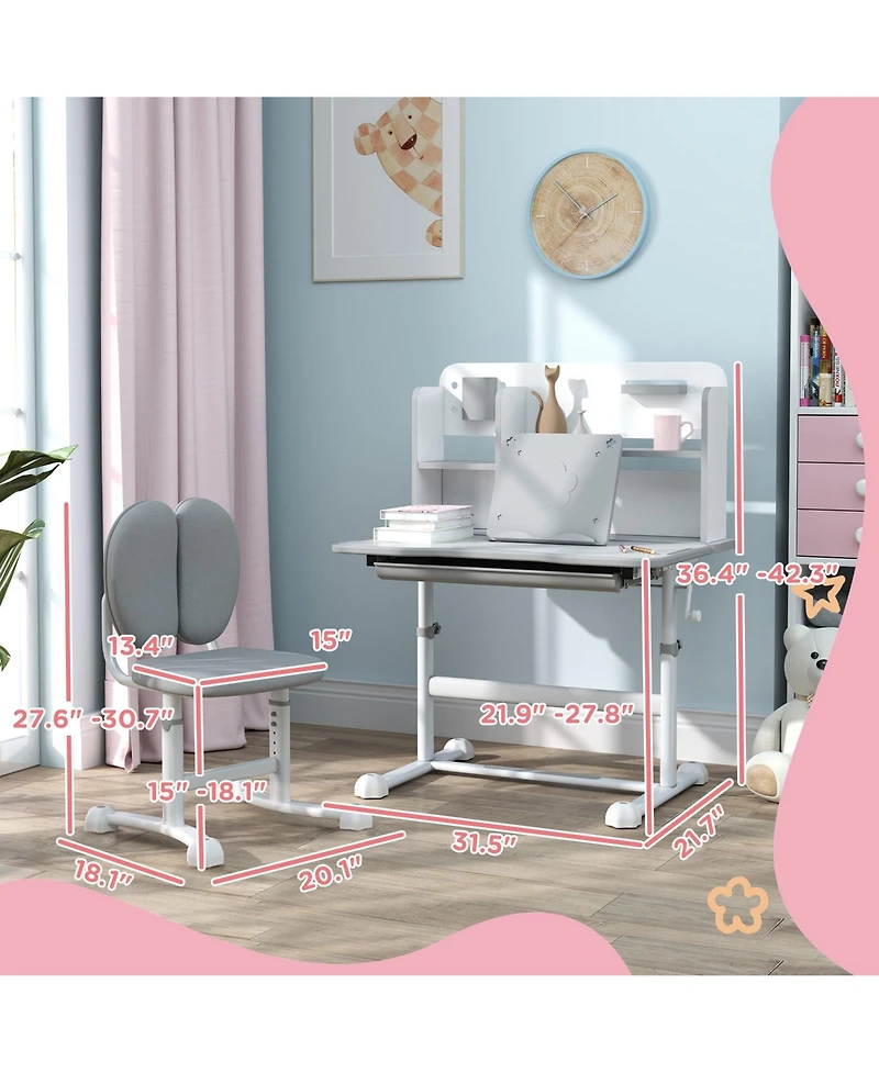 Clihome Kids Study Desk Chair Set Adjustable and Tilt Desktop with Storage Drawer, Book Stand
