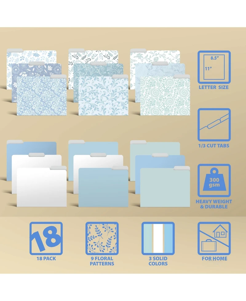 Danrong Decorative File Folders Floral Paisley Solid Heavyweight Laminated Tabs 18 Pack
