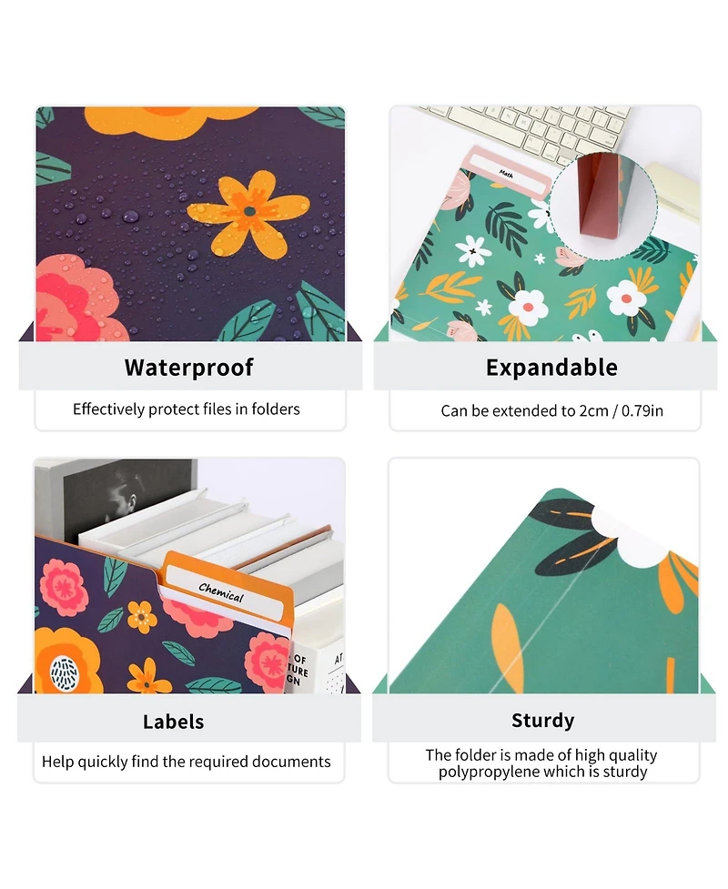 Danrong Decorative Plastic File Folders Letter Size 9 Styles Floral Patterns Expandable Waterproof Office School Supplies