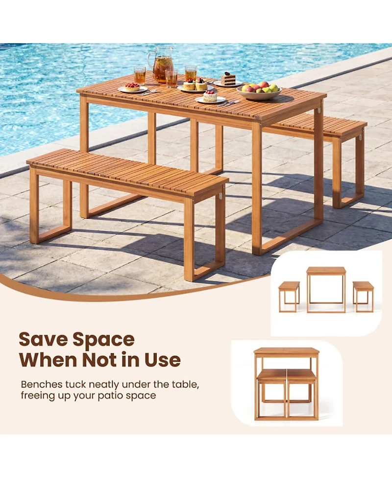 Yiortwo 3 Piece Acacia Wood Patio Dining Set with Table and 2 Benches Seats 4 for Garden Yard Poolside