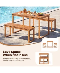 Yiortwo 3 Piece Acacia Wood Patio Dining Set with Table and 2 Benches Seats 4 for Garden Yard Poolside