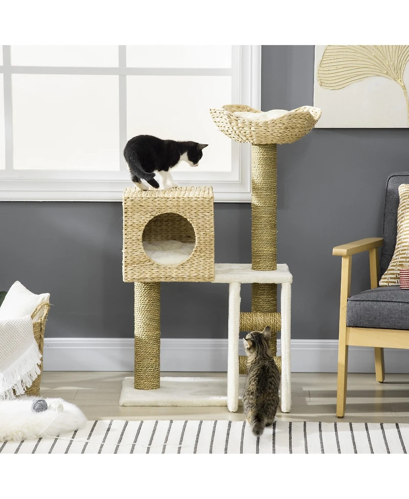 Ruie Woven Cat Tree Tower with Rattan Condo Wicker Bed and Ladder