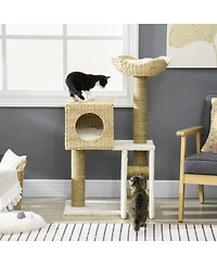 Ruie Woven Cat Tree Tower with Rattan Condo Wicker Bed and Ladder