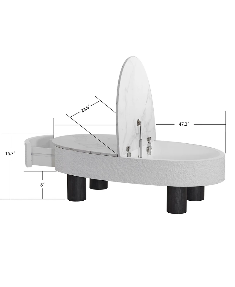 Clihome Oval Faux Marble Coffee Table with Hidden Drawer, Modern Retro End Table with Storage