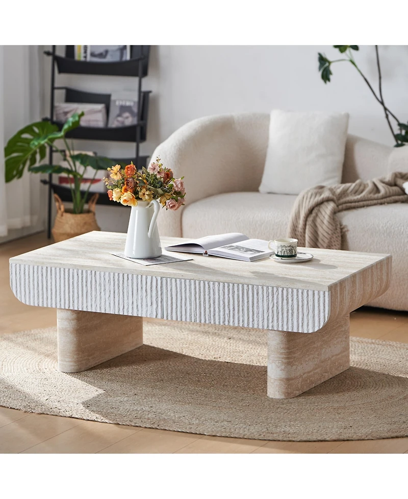 Clihome Mid-Century Coffee Table, Faux Marble Top Rectangular Cocktail Table with Drawer