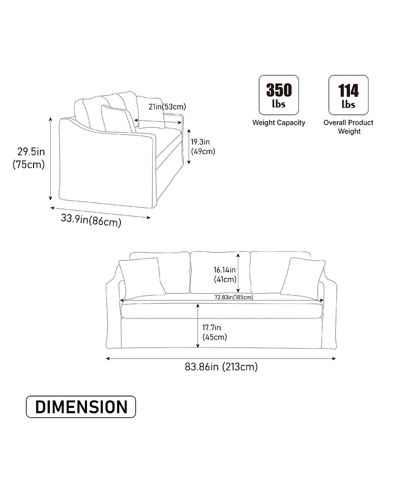 Clihome 83.86" Modern 3-Seater Couch Sofa Soft Chenille Fabric with Removable Cover and 5 Pillows