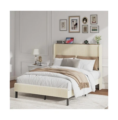 Lucky One Full Size Metal Platform Bed Frame with Storage Headboard, Usb Charging, Heavy Duty Metal Slats, No Box Spring Needed