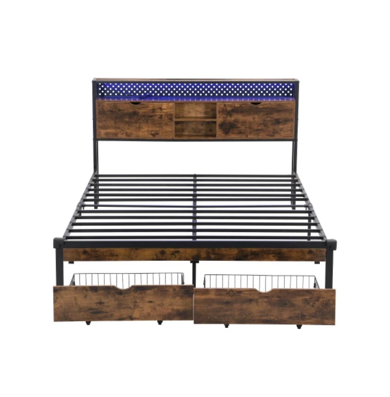 Lucky One King Size Metal Platform Bed Frame with Wooden Headboard and Footboard, Usb Charging, Led Lights, 2 Drawers, No Box Spring Needed