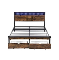 Lucky One King Size Metal Platform Bed Frame with Wooden Headboard and Footboard, Usb Charging, Led Lights, 2 Drawers, No Box Spring Needed