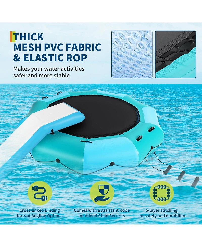 homfan Inflatable Water Trampoline, 10 Foot Floating Water Trampoline with 4 Step Rope Ladder and Anchor Bags for Lake Pool or Ocean
