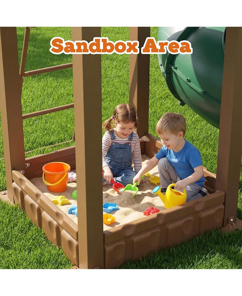 homfan Swing Set for Backyard, Kids Outdoor Playhouse Equipment with Turbo Tube Slide and Basketball Hoop