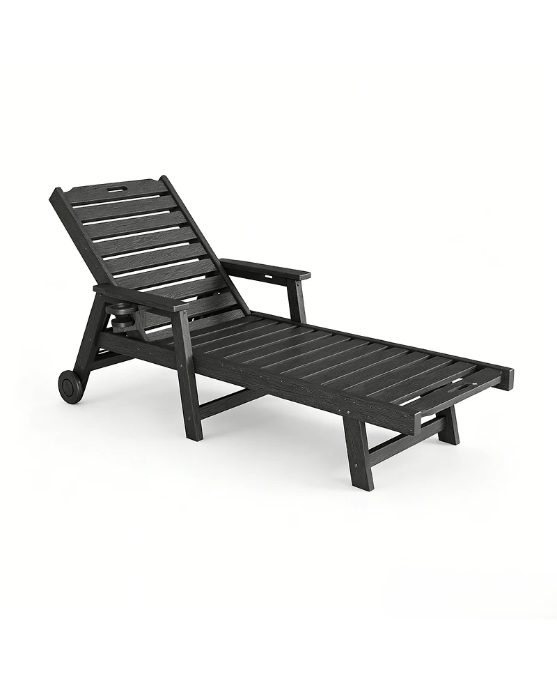 homfan Patio Chaise Lounge Chair Hdpe with Rolling Wheels, Cup Holder and 5-Position Backrest, All-Weather Lounger for Pool and Beach