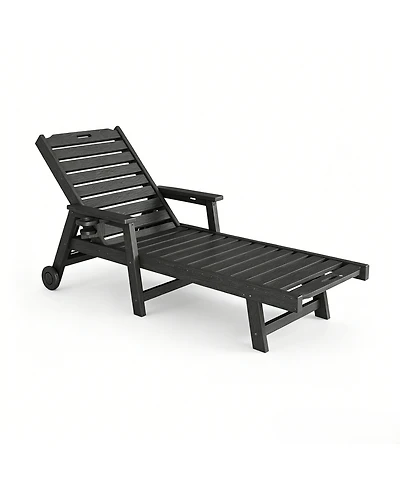 homfan Patio Chaise Lounge Chair Hdpe with Rolling Wheels, Cup Holder and 5-Position Backrest, All-Weather Lounger for Pool and Beach