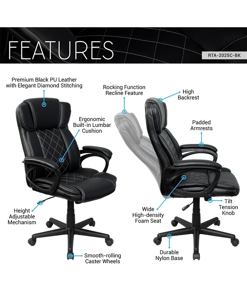 Flynama Ergonomic Executive Faux Leather Office Chair,Diamond-Stitched High Back Chair