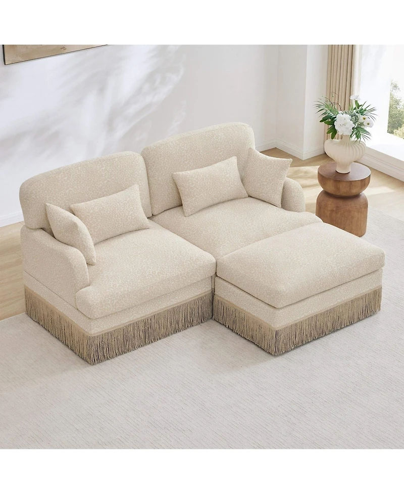 Maison Boucle Deep Seat Loveseat Sofa with Movable Ottoman, Leopard Print Chenille, Tassel Skirt Trim, Easy Assembly