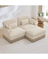 Maison Boucle Deep Seat Loveseat Sofa with Movable Ottoman, Leopard Print Chenille, Tassel Skirt Trim, Easy Assembly