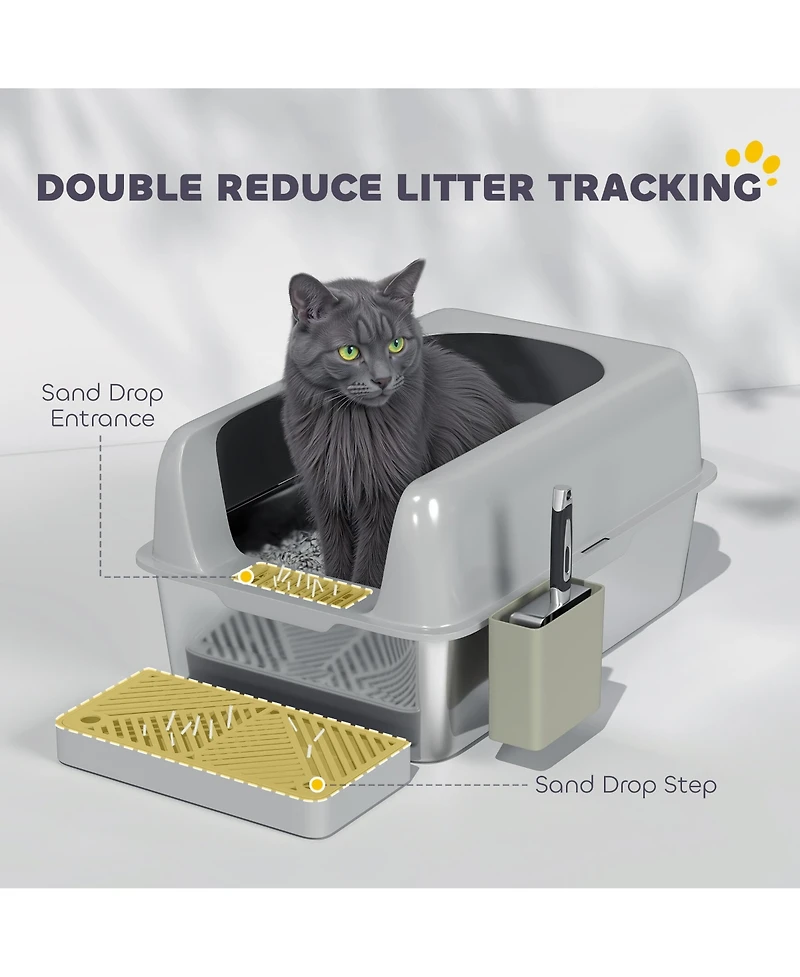 Ruie High Sided Stainless Steel Litter Box with Metal Scoop and Scoop Holder