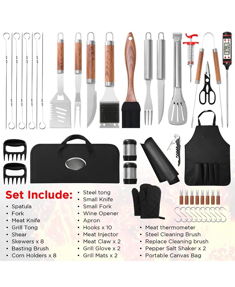Xdovet Bbq Grill Tools Set Stainless Steel Accessories Kit with Case Apron Injector Claws Mats Gift for Dad Men