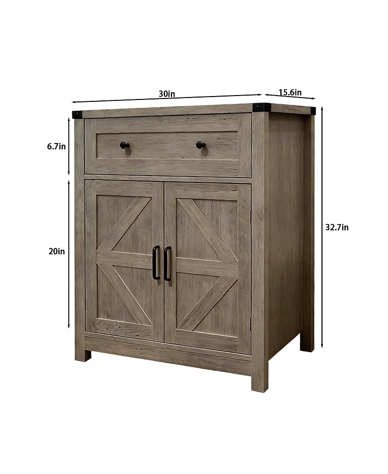 Clihome Wood-Grain Top Farmhouse Barn-Door Storage Cabinet