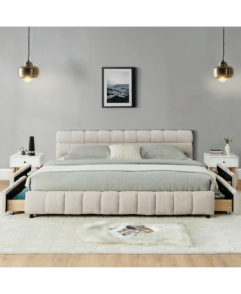 Clihome King Platform Bed with Storage Drawers, Upholstered Chenille Frame