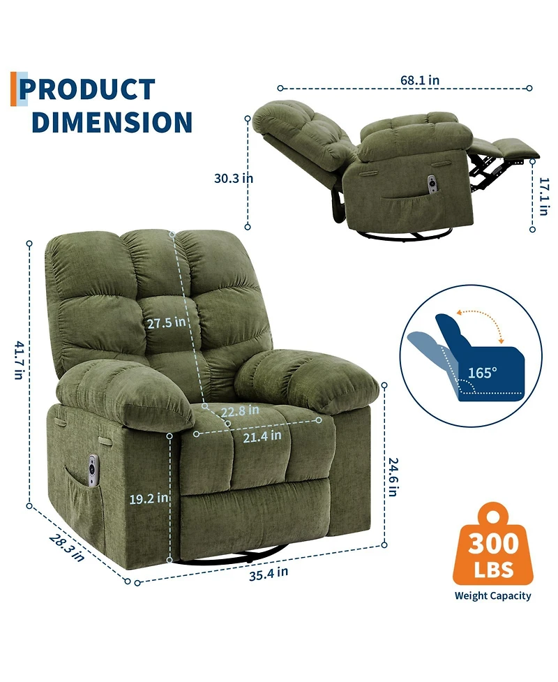 homfan Manual Rocking Recliner with Massage and Heat, Wide Upholstered Chair, High Back, Side Pockets Footrest for Living Room Bedroom