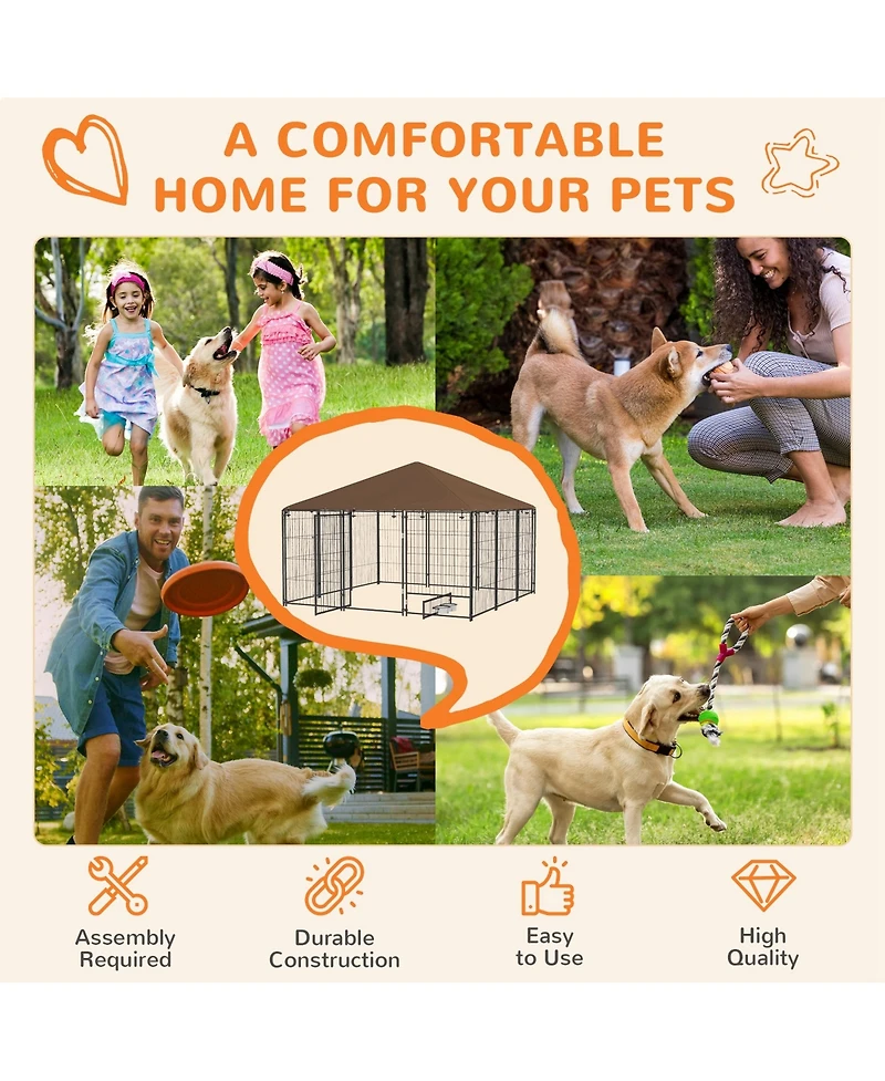 Ruie 6.9 ft Outdoor Dog Kennel with Canopy and Rotating Feeding Bowls