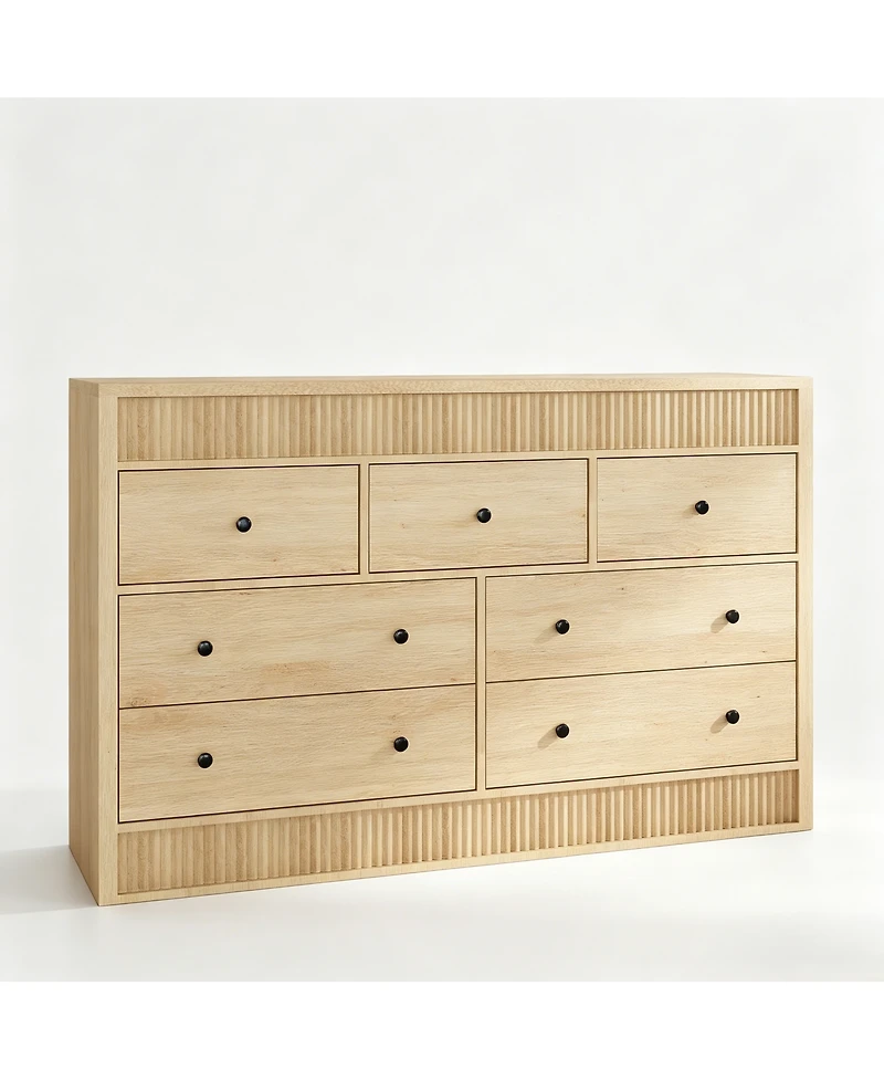 homfan 54" Wide Oak Finish 7-Drawer Fluted Dresser, Modern Wood Storage Chest