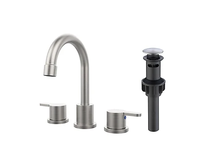 Busdays 2 Handle Brushed Nickel Widespread Bathroom Faucet 8 Inch 3 Hole 360 Degree Swivel Spout with Pop Up Drain Assembly