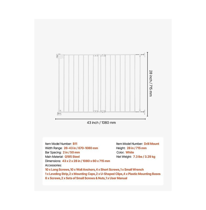 Ruie No Bottom Bar Dog Gate for Stairs 28 in High and 26 to 43 in Wide