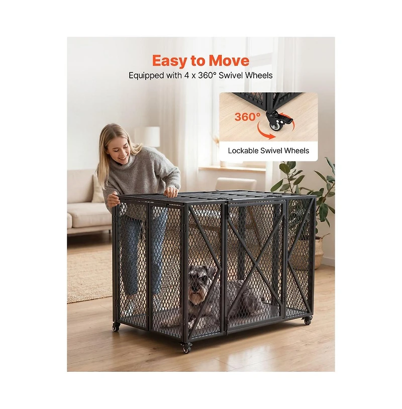 Ruie 38 in Heavy Duty Dog Crate with Double Doors and Lockable Wheels