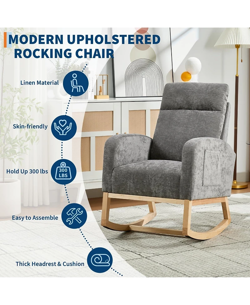 homfan Set of 2 Modern Rocking Chair, Nursery High Back, Side Pocket,Upholstered Glider Armchair with Rubber Wood Legs