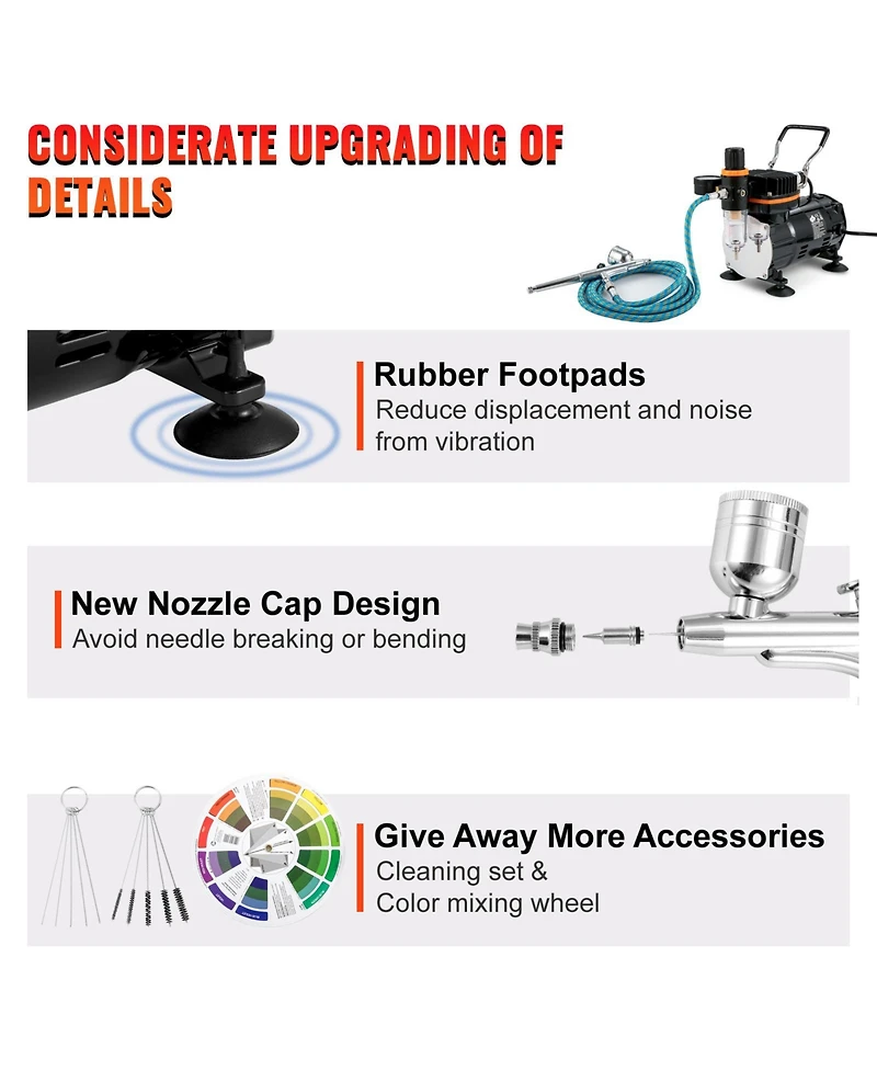 Sevorley Airbrush Kit with Compressor, Dual-Action Gravity Feed System, 3 Nozzles
