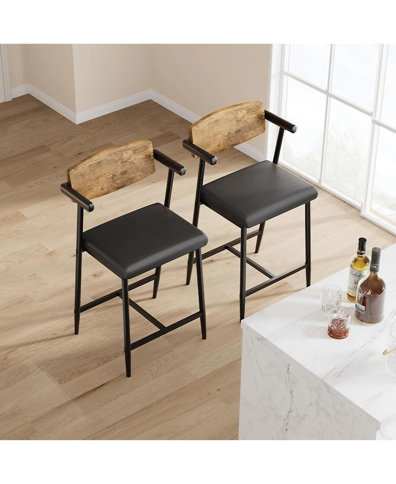 homfan Set of 2 Bar Stools with Arms, Wood Back and Footrest, 26" Counter Height