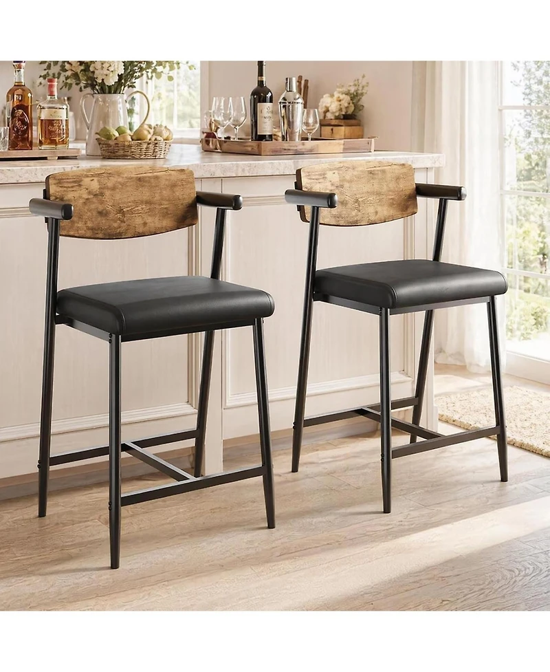 homfan Set of 2 Bar Stools with Arms, Wood Back and Footrest, 26" Counter Height