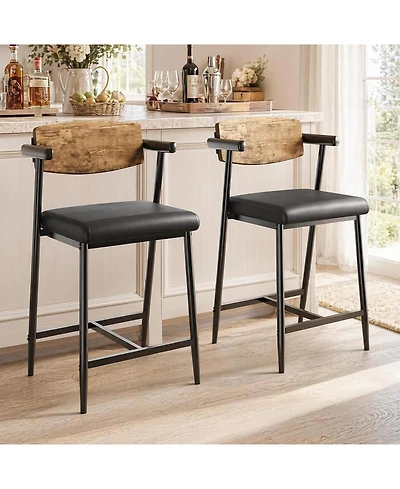 homfan Set of 2 Bar Stools with Arms, Wood Back and Footrest, 26" Counter Height