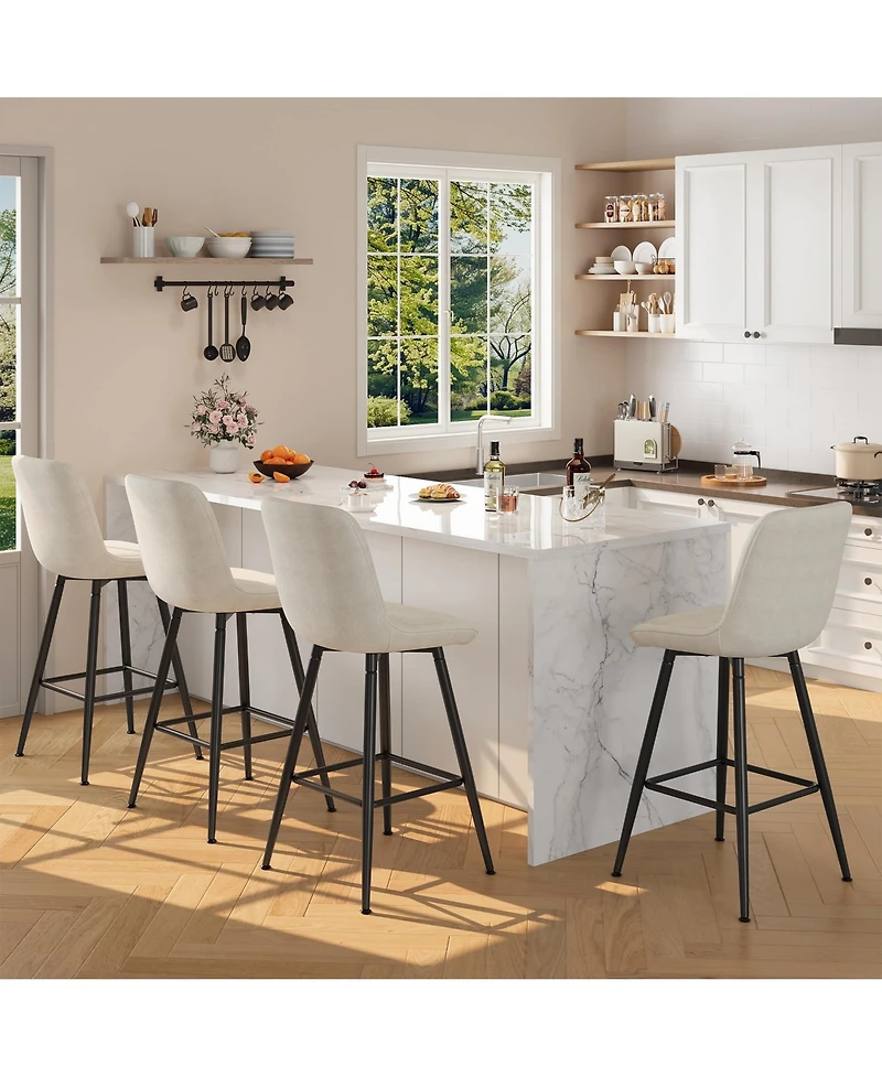 homfan Set of 8 25" Upholstered Bar Stools, Counter Height Chenille Fabric Stool with Footrest, Backrest and Metal Legs, Modern Chairs for Kitchen