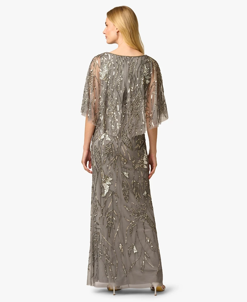 Adrianna Papell Women's Beaded Cape V-Neck Long Gown