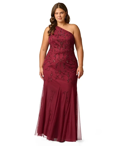 Adrianna Papell Plus One-Shoulder Beaded Gown