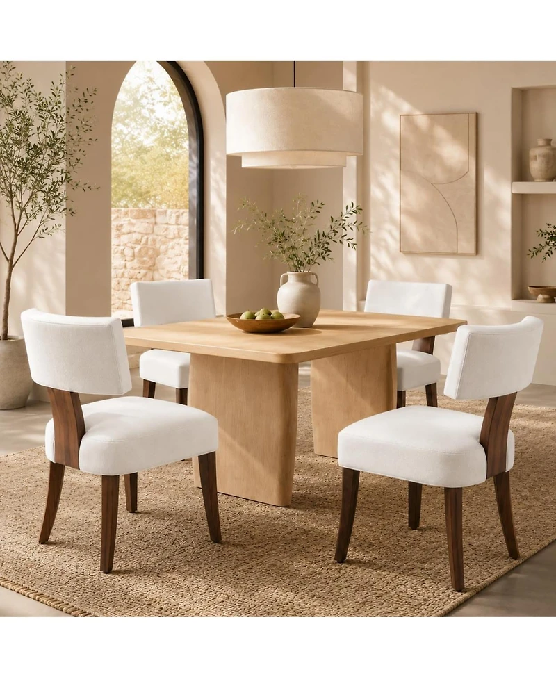 homfan Dining Chairs Set of 4, Mid Century Modern Upholstered Kitchen Dining Chairs with Rattan Wood Back Brown Wood Legs