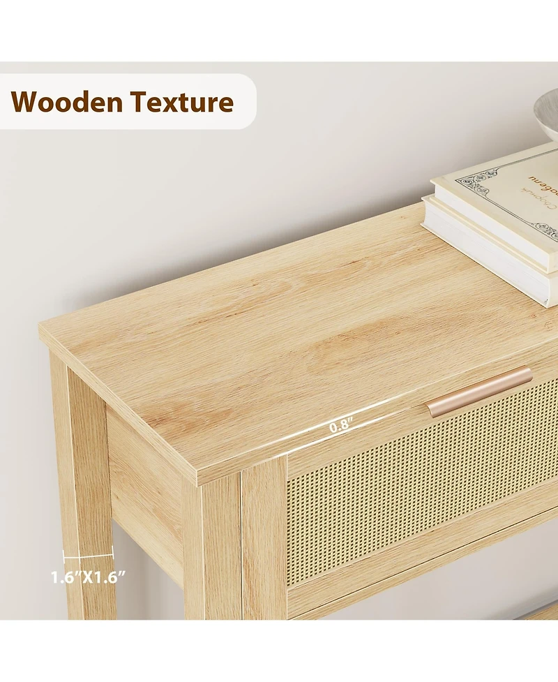 homfan Boho Rattan Console Table with 2 Drawers - Narrow Sofa Side Table - 2-Tier Wooden Storage Shelf