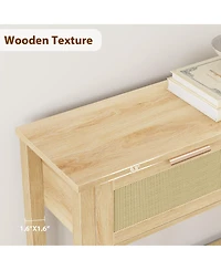 homfan Boho Rattan Console Table with 2 Drawers - Narrow Sofa Side Table - 2-Tier Wooden Storage Shelf