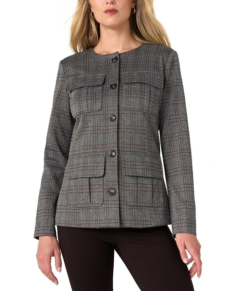 Liverpool Los Angeles Women's Plaid Collarless Field Jacket
